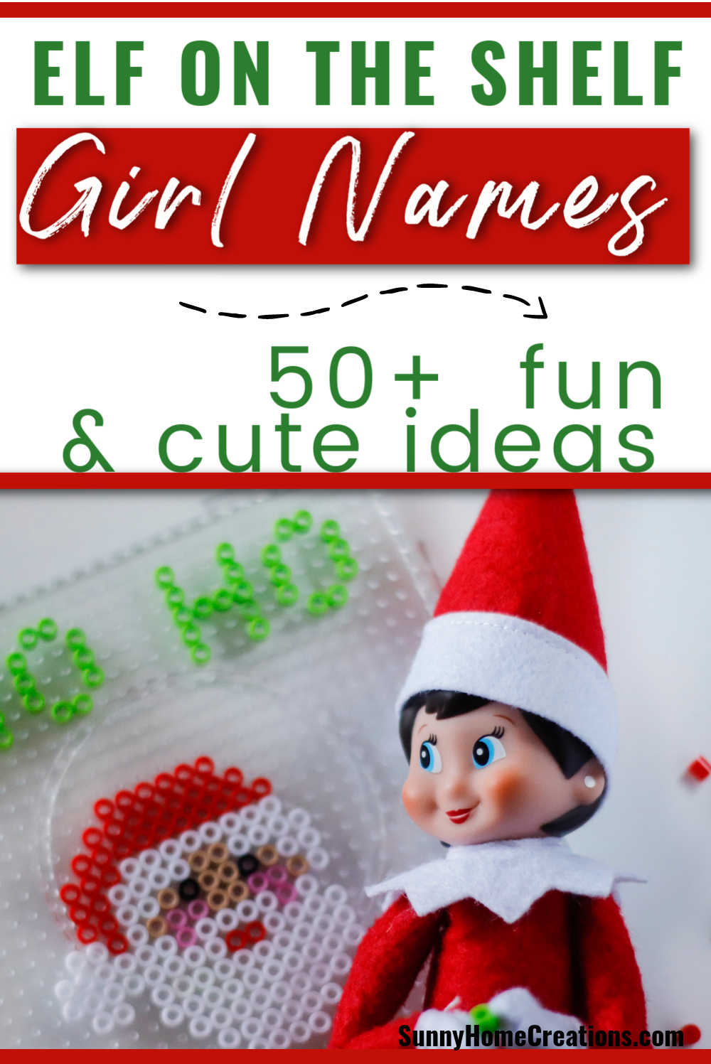 Pin image: top says "Elf on the Shelf Girl Names -> 50+ fun & cute ideas" and bottom has a pic of a female elf making a craft.