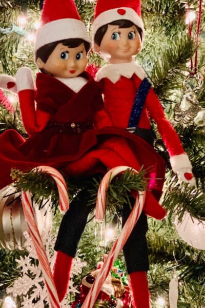 Two elves sitting in a Christmas tree.