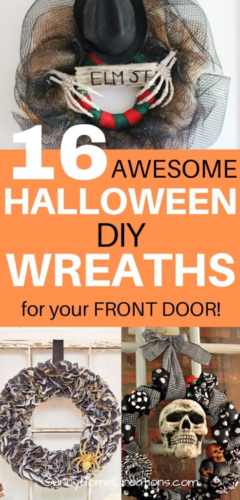 Pin image: top and bottom have DIY Halloween wreaths, middle says "16 awesome Halloween DIY wreaths for your front door".
