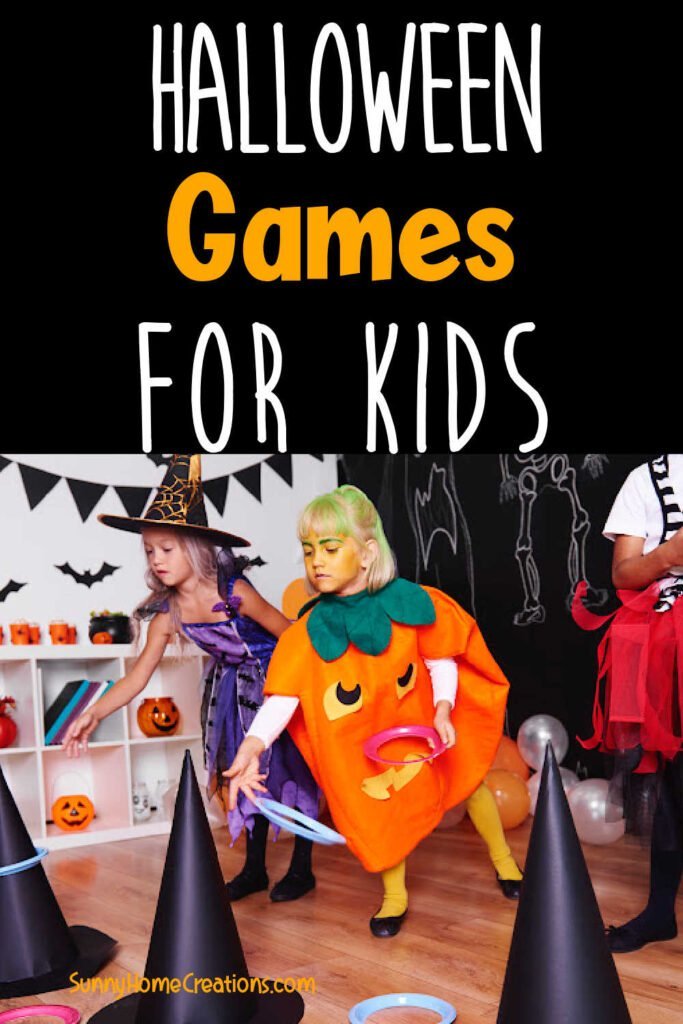 Pin image: top says "Halloween games for kids" bottom is a pic of kids tossing rings onto witch's hats.
